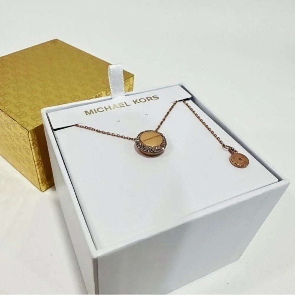Michael Kors Crystals Paved Disc Medallion Necklace Rose Gold